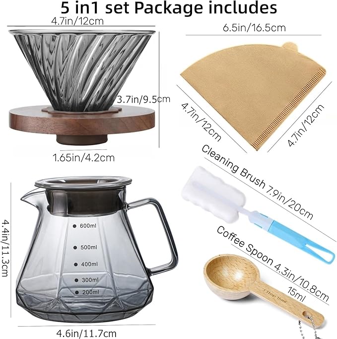 Pour Over Coffee Maker Set 20 oz, 600 ml Borosilicate Glass Coffee Server with Glass Lid, 50 pcs Paper Filter, Walnut Handle Pour Over Coffee Dripper for Home Café Restaurant,Gray