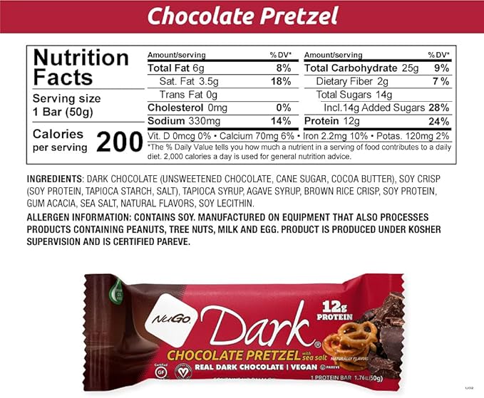 NuGo Dark Variety - Pretzel with Sea Salt 12 Bars & Peanut Butter Cup 12 Bars, 12g Protein Bar, Vegan, Gluten Free, Non-GMO, Kosher Pareve, 24 Count Variety