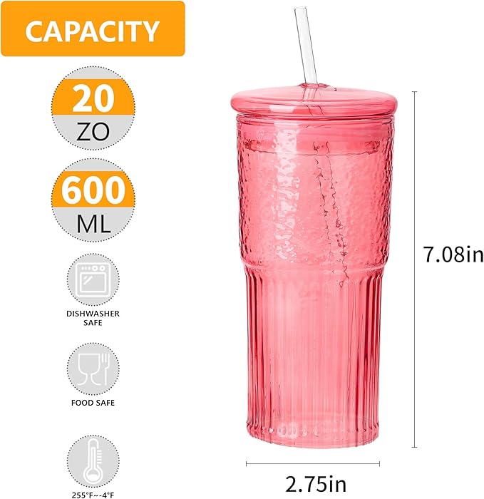 20 OZ Glass Cup with Lids and Glass Straws, High Borosilicate Iced Coffee Glass Tumblers with Lid and Straw for Drinks, 2pcs Reusable Wide Mouth Smoothie Cup(Red)