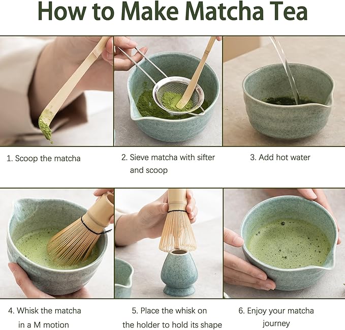 Matcha Set, Matcha Whisk Set Includes Matcha Bowl, Matcha Whisk Holder, Bamboo Matcha Whisk, Scoop and Matcha Sifter, 17 oz Mottled Blue Glaze Ceramic Matcha Kit for Tea Lovers