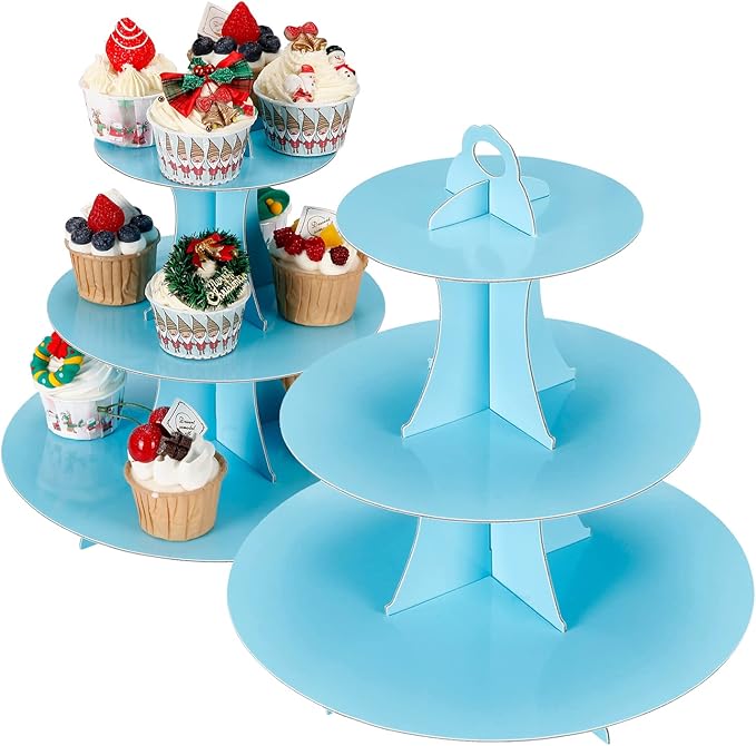 2Pcs 3-Tier Cupcake Stand, Cake Stand holder, Tiered DIY Cupcake Stand Tower for Dessert Table Displays, Birthday Theme Party Favors Decoration, Floral Tea Party, 12" W x 12.8" H, Light Blue