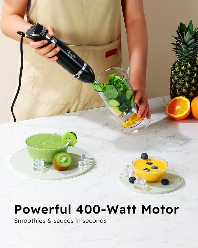 Sangcon Immersion Blender Handheld, 3-in-1 Hand Blender Electric, 400W Handheld Blender, Stainless Steel Blade Stick Mixer with Whisk, Milk Frother Attachments - Black