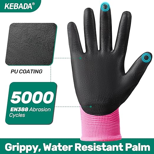 Kebada W1 Work Gloves Women, PU Coated Safety Gloves with Grip, Touchscreen, Ideal for Warehouse Package Handling, Construction, Gardening, Pink Large