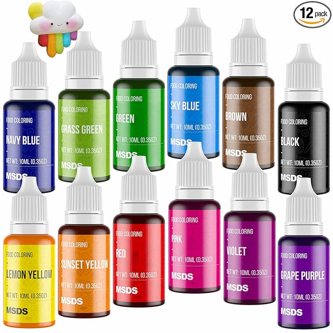 12 Color Cake Food Coloring Set, Food Grade Vibrant Food Color Liquid Dye Tasteless for Baking, Icing, Easter Egg, Fondant, Cooking, Slime Making DIY Supplies Kit - .35 Fl. Oz (10 ml) Bottles