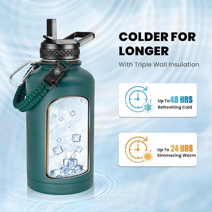 Insulated Water Bottle 64 oz, Triple Wall Vacuum Stainless Steel (Cold for 48 Hrs), Leak Proof & Non-BPA, Half Gallon Water Flask Jug with Paracord Handle & Straw Spout Lids, Dark Green