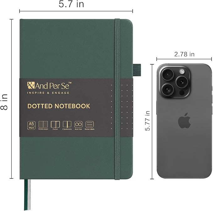 &And Per Se Dotted Journal Notebook (5 Packs), A5 Hardcover Leather Dotted Journal, 160 Pages 100 gsm Thick Paper, 3 Sheets of Stickers Included- 5.7'' x 8'' (Green