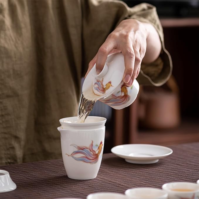 ICHAG Chinese Tea Set, Gongfu Tea Sets for Adults, China Gaiwan Teaset, 14-Piece Yangzhi Jade (茶具) Porcelain Set with Tea Pet, Portable Travel Teaset for Home, Outdoor, Office Gifts (White)