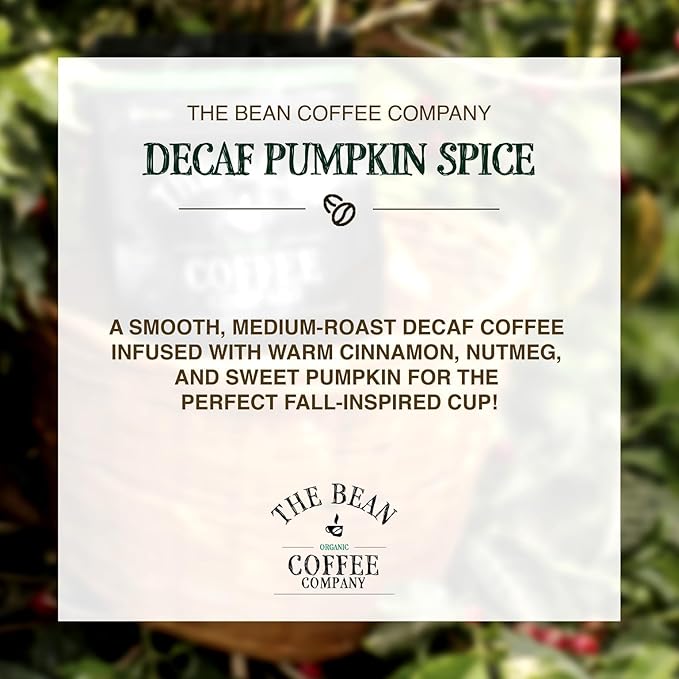The Bean Organic Coffee Company Water Processed DECAF Pumpkin Spice, Medium Roast, Ground Coffee, 16-Ounce Bag, Café Molido Tostado Orgánico descafeinado