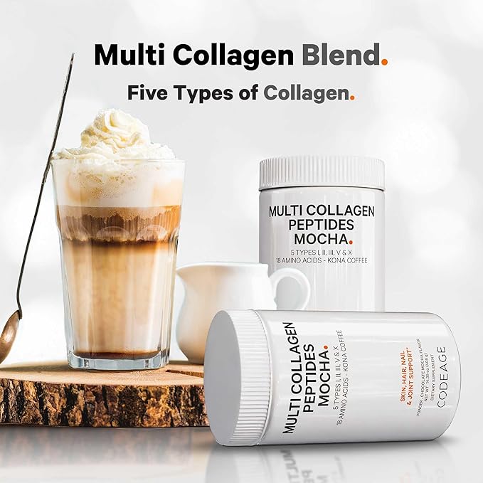 Codeage Multi Collagen Peptides Protein Powder - Chocolate Mocha Instant Coffee - Gourmet Knoa Coffee Drink & Shake - Collagen Type I, II, III, V & X - Grass-Fed, Hydrolyzed, Non-GMO - 14.39oz