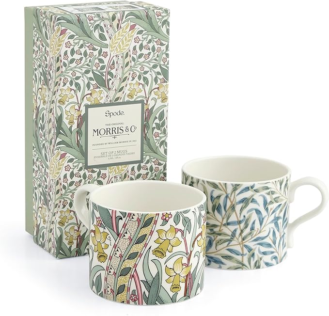 Spode Morris & Co 12oz Mugs, Set of 2 (Daffodil & Willow Bough) - Microwave & Dishwasher Safe, Elegant Porcelain Drinkware for Coffee Bar or Giftable Home Kitchen Mug Set. Ideal for Coffee & Tea