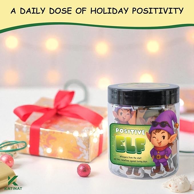 Positive Elf Jar – 60 Funny Emotional Support Elf, Christmas Gifts for Teens, Women, Men, Coworkers, Teachers, Sisters, Friends – Christmas Stocking Stuffer for Teen Girls, Boys, Women