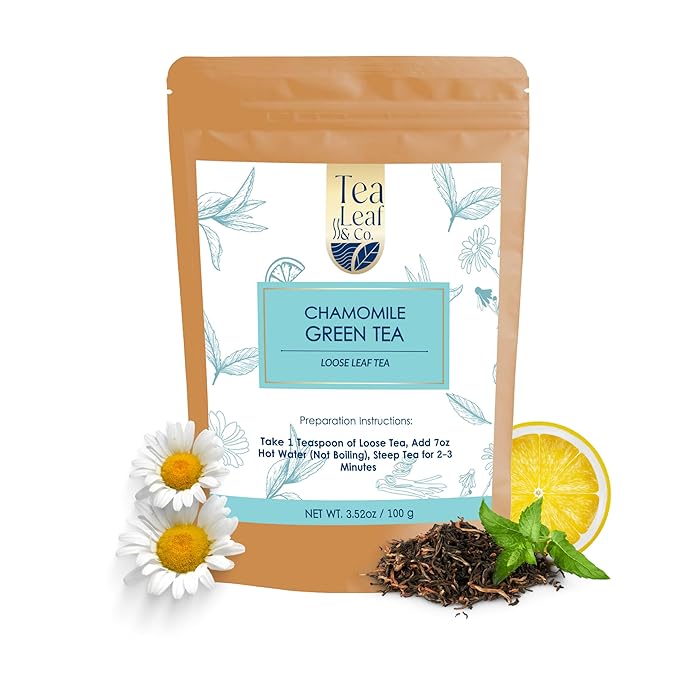 Tealeaf & Co. Chamomile Green Tea Loose Leaf with Lemon Extract and Lemongrass - Chamomile Tea - Contains Low Caffeine - Upto 50 Servings - Gluten Free (3.52oz/100gm)