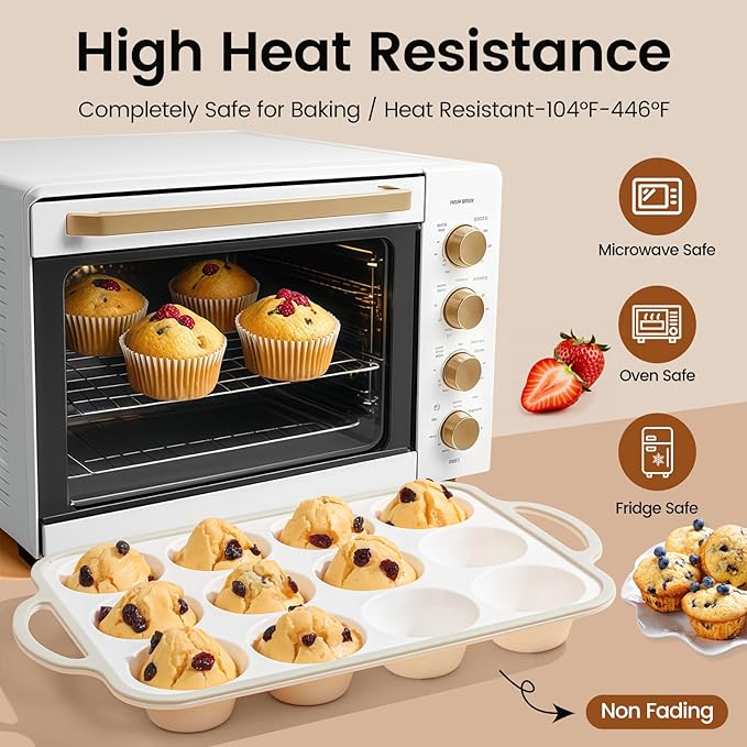 Silicone Muffin Pans for Baking 1 Pack, 2.6 Inch with Metal Reinforced Frame, Regular Size Nonstick Cupcake Pan 12 Cups for Baking Homemade Muffins, Dishwasher Safe BPA Free-Grey