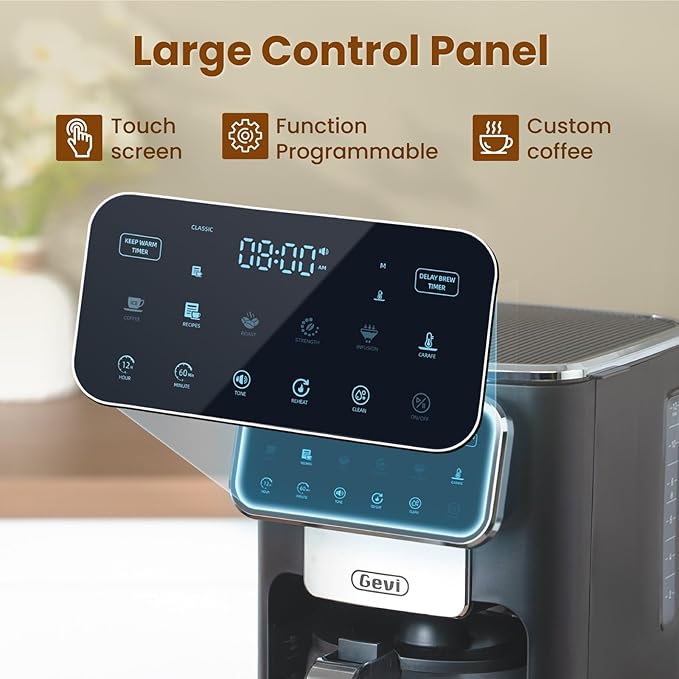 Gevi 12 Cup Programmable Drip Coffee Maker with Touch Screen, Fast and Strong Brew, Auto Shut-Off, 4-Hour Keep Warm Plate, Iced Coffee Option, Anti-Drip System, Permanent Filter