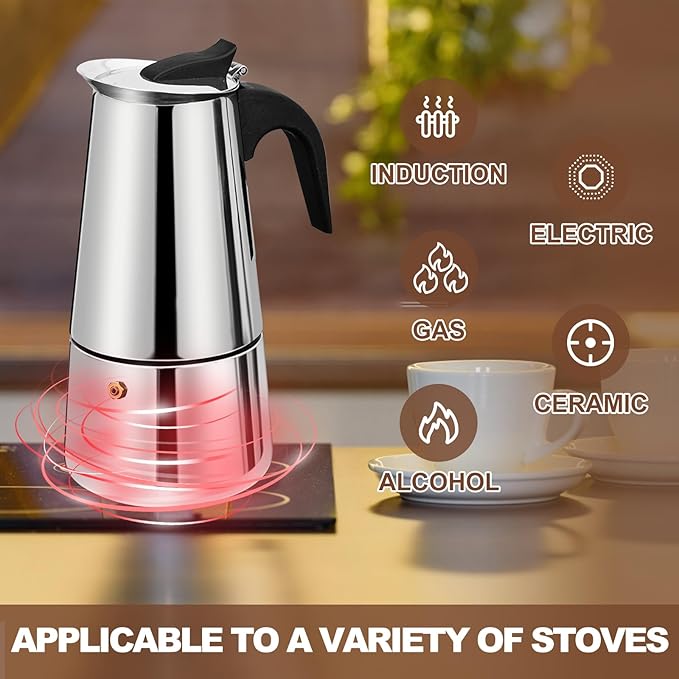 9 Cup Stovetop Espresso Maker Stainless Steel Moka Pot Stove Top Percolator Italian Coffee Makers Capable Mocha Greca Machine Cafe Classic Induction Cookers for Home and Camping 450ml 15oz