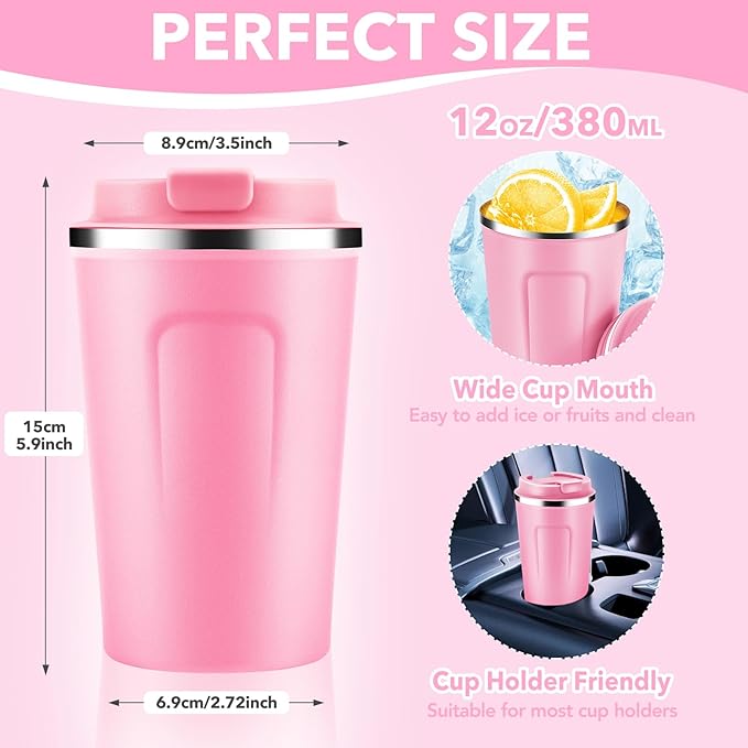 Volhoply 12 oz Double Wall Insulated Vacuum Travel Coffee Mugs with Flip Lid Bulk 2 Pack,Reusable Stainless Steel Leak Proof Coffee Cup,Portable Cafe Thermal Tumbler for Hot & Cold Drinks(Pink,2 Set)