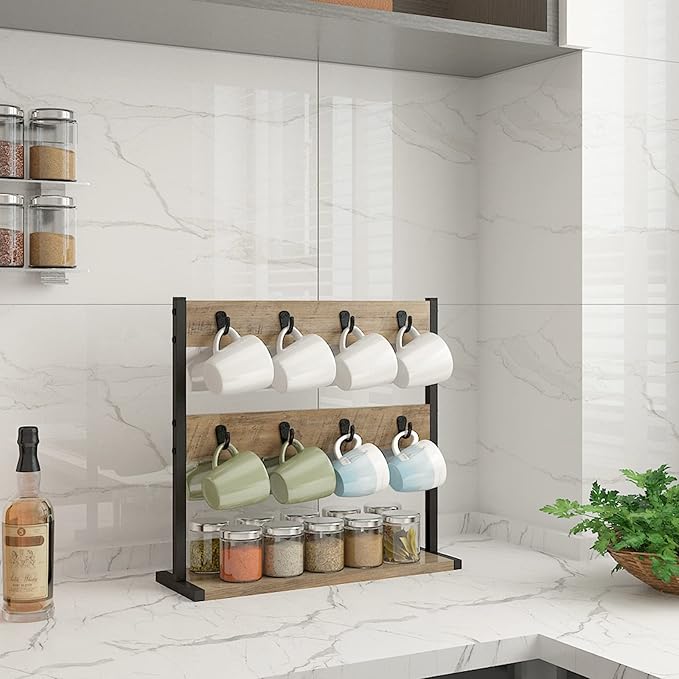 IBUYKE Wood Coffee Mug Holder for Countertop,16 Hook Mug Tree Holder Rack with Storage Base,Mug Display Organizer,Mug Holders for Home Kitchen,Greige UTBJ001Y