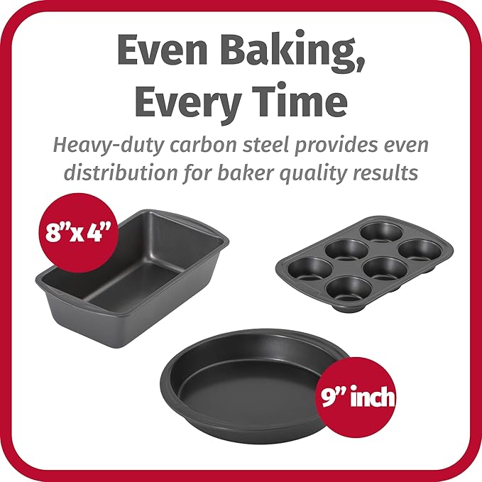 GoodCook Everyday Nonstick Steel 5-Piece Bakeware Set, Gray, Includes Cookie Sheet, Cake Pan, Loaf Pan, Muffin Pan, and Roast Pan, Durable and Scratch-Resistant Baking Set