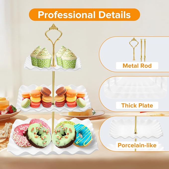 Hoedia 3 Tier Cupcake Stand Tower, Plastic White Cup Cake Holder for Dessert stands, Tiered Serving Tray for Tea Party, Birthday Party, Wedding Decor and Baby Shower(Square Wave)