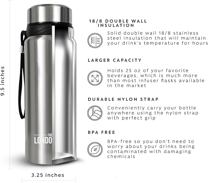 London Sip 25 oz Multi-Function Travel Mug and Tumbler Tea Infuser Water Bottle Fruit Infuser Flask Hot and Cold Double Wall Stainless Steel Coffee Thermos, Cosmic Silver, Pack of 2
