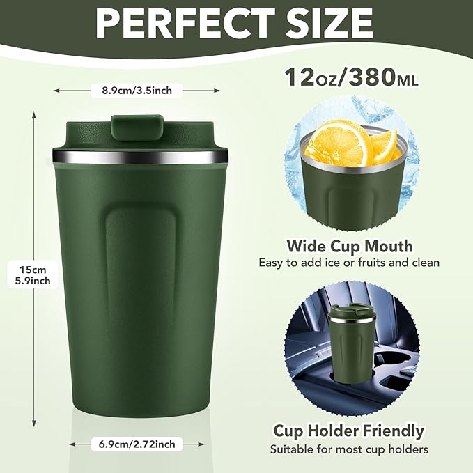 Volhoply 12 oz Double Wall Insulated Vacuum Travel Coffee Mug with Flip Lid,Reusable Stainless Steel Leak Proof Coffee Cup,Portable Cafe Thermal Tumbler Suitable for Hot&Cold Drinks(Army Green,1 Set)