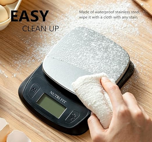 NUTRI FIT Ultra Slim Kitchen Scale Digital Food Weight Scale for Baking Cooking in Grams and Ounces Tare & Backlit LCD Display 11lb 5kg Capacity- Black/Stainless Steel