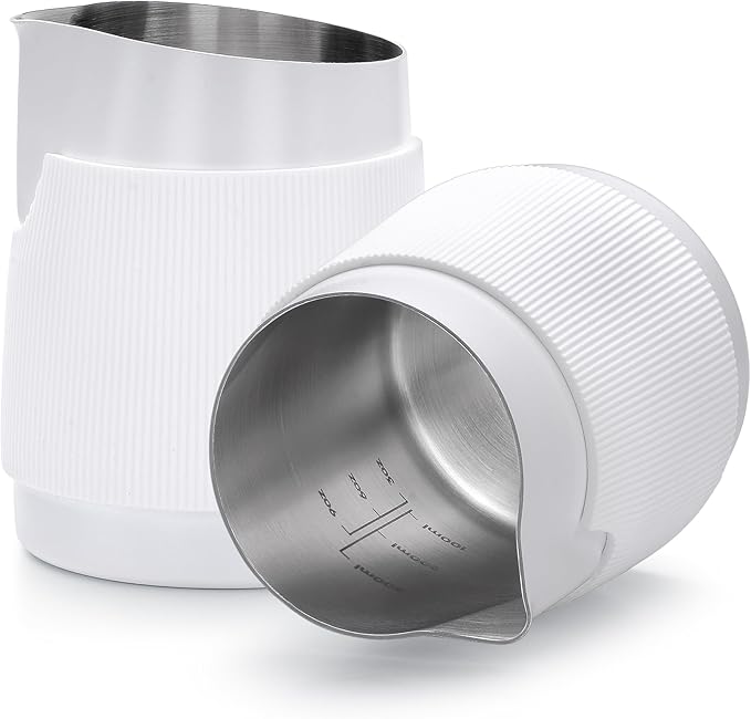 Normcore Handleless Milk Pitcher with Round Spout - Espresso Steaming Pitcher - 18/8 Stainless Steel Milk Frothing Jug - Premium Barista Tools - Non-stick coating White - 15.2 oz (450 ml)