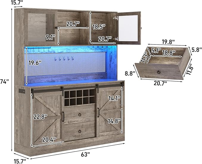 74" Tall 63" Wide Larg Bar Cabinet w/ Outlet,6000-color LED Light,Pegboard,Farmhouse Hutch Bar Cabinet w/Barn Door,2 Big Drawers,Adjustable Shelves,10 Wine & Glasses Rack,5 Hook for Kitchen,OAK