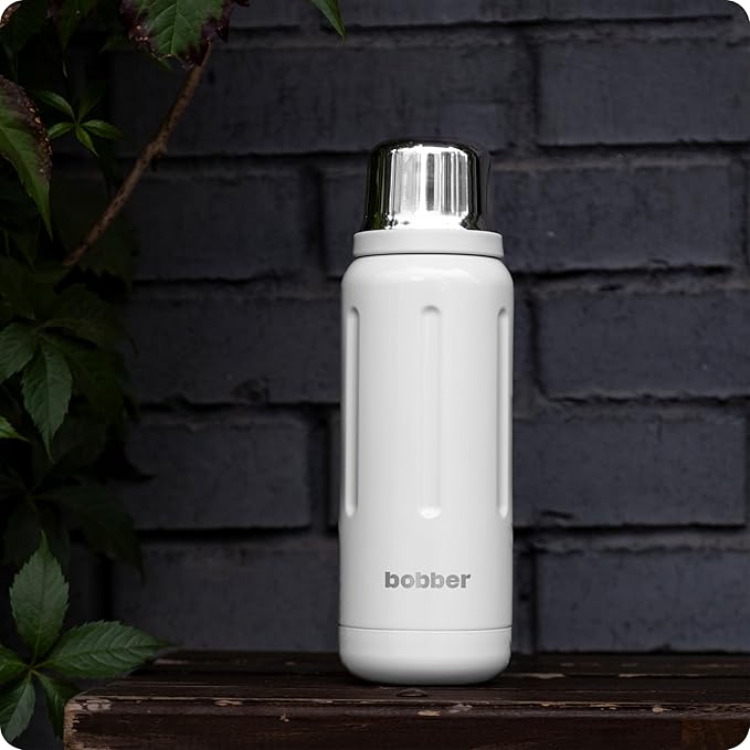 BOBBER 26 oz Stainless Steel Travel Thermos for Hot Drinks – Dishwasher Safe Metal Water Bottle with Cup Lid for Men, Hiking, Travel – Keeps Hot for 36 Hours – BPA-Free, Vacuum Insulated (Iced Water)