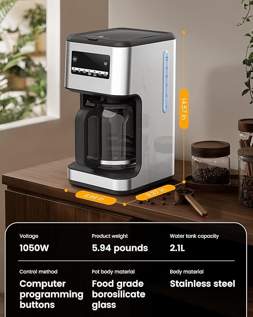 COWSAR 14-Cup Coffee Maker, 24-Hour Programmable Coffee Brewer, Keep Warm, Drip Free, Washable Filter, Stainless Steel, Silver