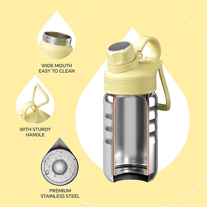 IDEUS Insulated Water Bottle 12oz, Stainless Steel Insulated Water Bottle For School, Insulated Bottles With Straws Leakproof, Vacuum Double Wall Water Bottles For Boys And Girls With 2 Lids, BPA Free