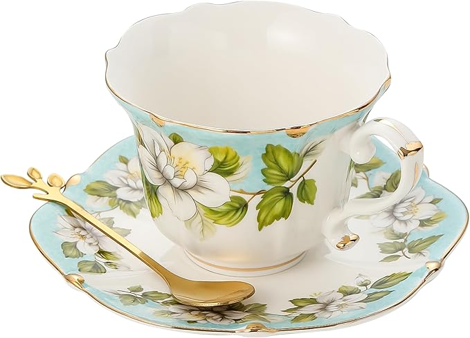 TATSUMI Country Roses Bone China Tea Cup and Saucer Set, 3 Pieces, Vintage Style, For Women and Tea Parties(Light Green, 1 set)