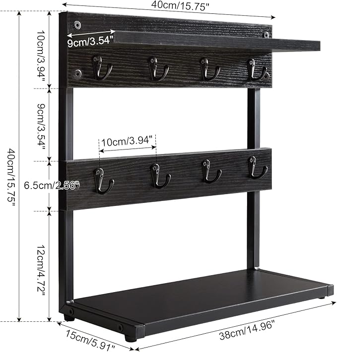 IBUYKE Rustic Coffee Mug Holder Stand, 2 Tier Countertop Mug Tree Holder Rack with Storage Base, Vintage Mug Holders for Kitchen, Holds 8 Mugs, Black UTBJ002B