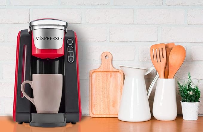Mixpresso Single Cup Coffee Maker Compatible With 1.0 & 2.0 Single Cup Pods, Removable 45oz Water Tank, Quick Brewing with Auto Shut-Off, One Touch Function (Red/Black)