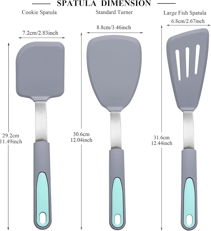To encounter 3 Pieces Silicone Spatula Set, Heat Resistant Flexible Turner Spatulas, Nonstick Cookie Spatula, Fish Spatula, Dishwasher Safe, Light Grey