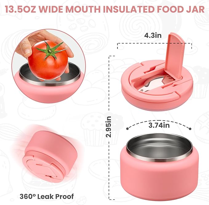 Soup Thermo for Hot Food Kids 13.5oz Lunch Containers with Buckle Lid Wide Mouth Hot Food Jar Vacuum Insulated Stainless Steel Bento Box Leakproof with Spoon(Pink)