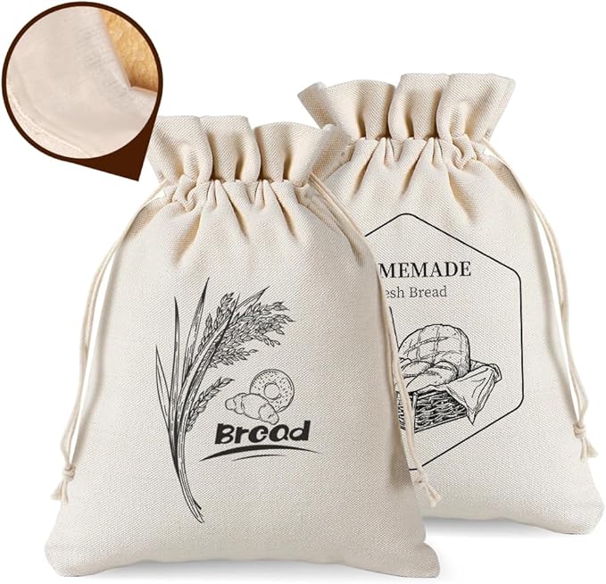 2 Pack of Bread Bags for Homemade Bread，Reusable Linen Sourdough Storage Bags with Plastic Liner,Cotton (17.7" x12")