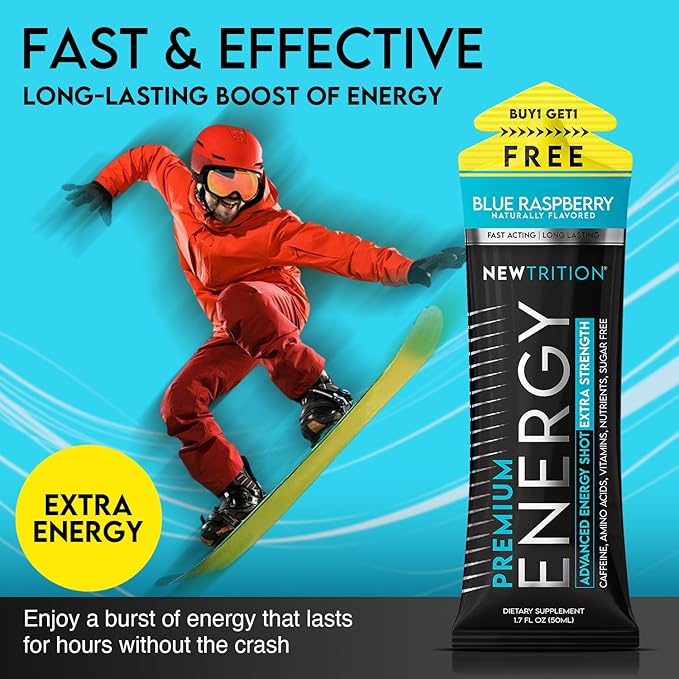 NewTrition® Extra Strength Energy Shots, 1.7 fl oz (Pack of 24, Blue Raspberry flavor) - 250mg Caffeine with Vitamin B & Amino Acids, Sugar-Free, Zero Calorie Vitamin Energy Drink for Focus & Endurance