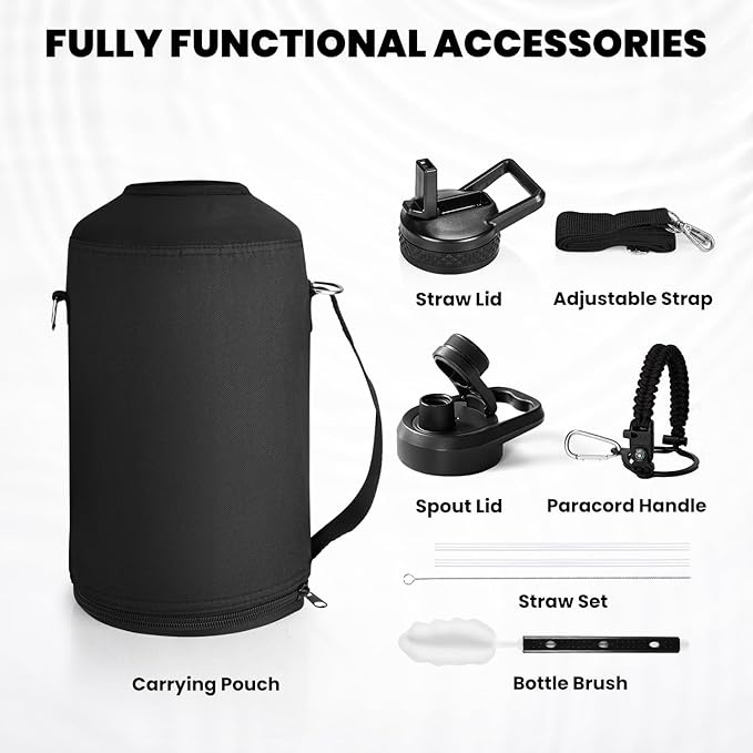 One Gallon Water Bottle Insulated, Triple Walled Vacuum Stainless Steel (Cold for 48 Hrs), Leak Proof & Non-BPA, Large Water Flask Jug with Paracord Handle & Straw Spout Lids