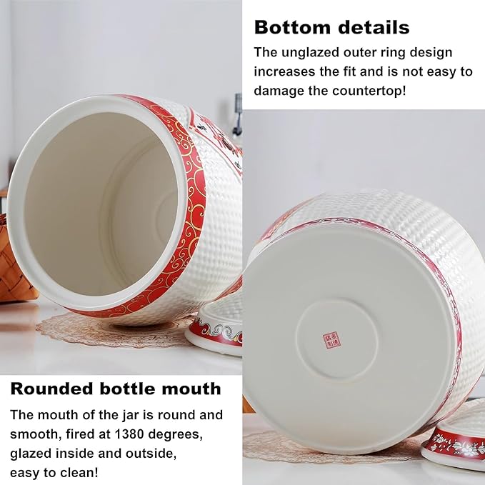Chinese Sealed Large-Capacity Rice Pot, Ceramic Rice Bucket With Tassel Design, Grain Storage Ceramic Container, Rice Dispenser Airtight Storage Bucket For Grains Snacks Candy Coffee Beans Food(C,Capa