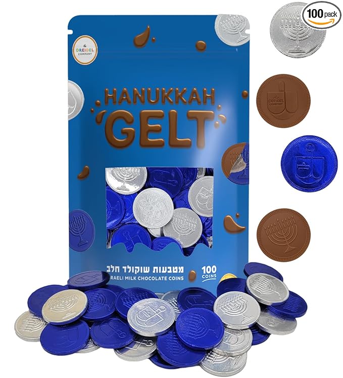 The Dreidel Company Blue & Silver Hanukkah Milk Chocolate Coins, Hanukkah Design Gelt, Gluten Free, Non GMO, Kosher Certified OU-D (100-Pack)