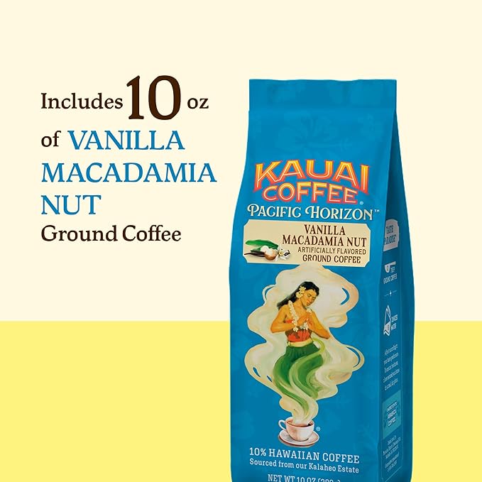 Kauai Hawaiian Ground Coffee, Vanilla Macadamia Nut Flavor - Gourmet Arabica Coffee From Hawaii's Largest Grower, Smooth, Delicious Flavor and Amazing Aroma - 10 Ounce