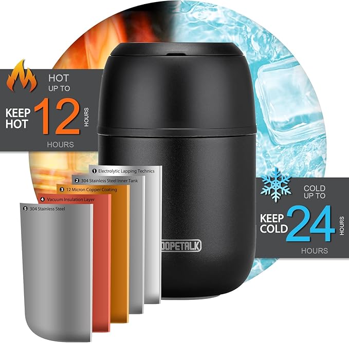 17 oz Insulated Lunch Containers, Black, Vacuum Stainless Steel Thermo Lunch Box with Handle and Folding Spoon for School, Office, Travel