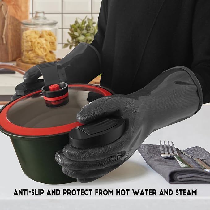 DEYAN Silicone BBQ & Oven Gloves - Food Grade, Heat Resistant Waterproof & Oil Proof Gloves for Grilling, Baking, Frying, Cooking - Long Sleeve & Non-Slip Grip, 1 Pair(Black, 9/L)