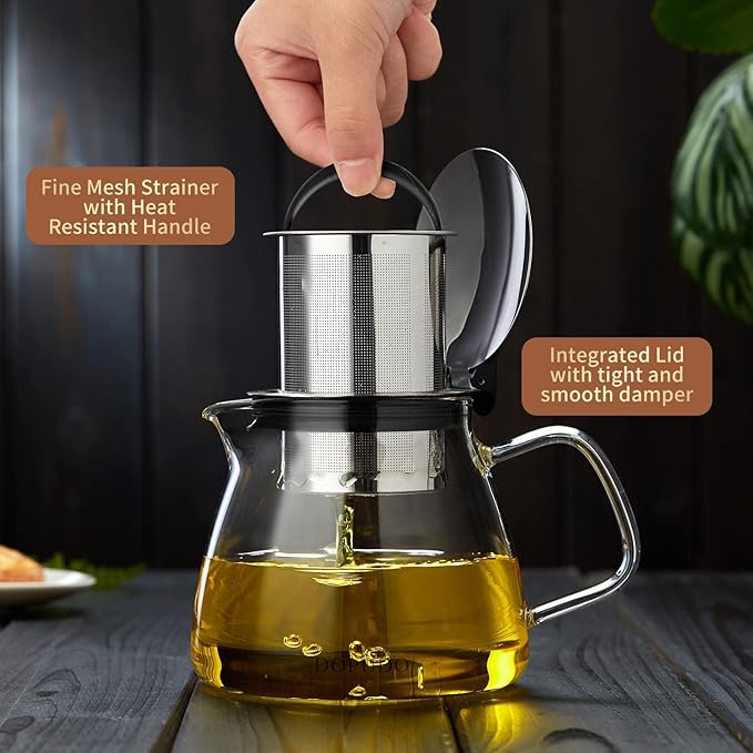Glass Teapot Tea Pot with Removable Stainless Steel Infuser, 25oz / 760ml Borosilicate Glass Tea Kettle for Office Work, Fine Strainer for Loose Leaf Tea