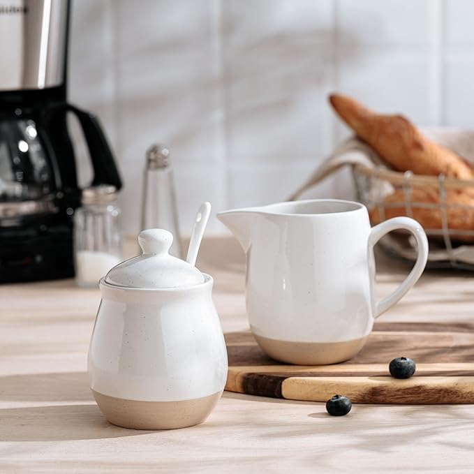famiware Milkyway Ceramic Sugar and Creamer Set, 10oz Sugar Bowl & 13oz Creamer Set – Stoneware Milk Pitcher & Sugar Dispenser for Coffee Bar, Kitchen, or Countertop, Coffee Serving Set, White