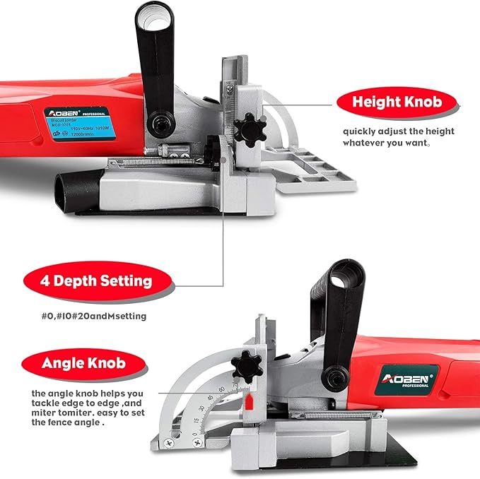 AOBEN Biscuit Cutter Plate Joiner 8.5 Amp With No. 0 Wood(30 Pcs) No. 10 Wood(30 Pcs) No. 20 Wood(50 Pcs), 4" Tungsten Carbide Tipped Blade, Adjustable Angle And Dust Bag