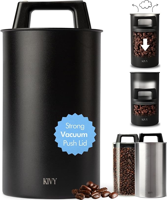KIVY Vacuum Coffee Canister - Push Lid Preserves Coffee Aroma & Oil - Stainless Steel Airtight Coffee Canister - Container for Ground & Coffee Bean Storage - Removes Excess Air