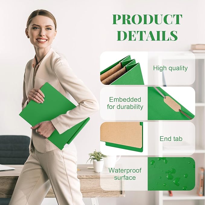 24 Pcs Classification Folders Letter Size, Back to School Supply for Teacher, Student, 2 Dividers Pressboard File Folder Bulk with Fasteners, 3.5 Inch Expanding File Organizer(Green)