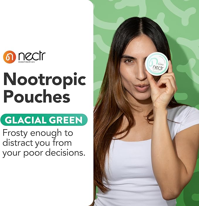 Nectr Energy Nootropic Pouches – Glacial Green Wintergreen Caffeine Pouches with Cognizin® Citicoline. Sugar-Free Brain Treats. Smooth, Sustained Focus & Energy Supplement - 5 Pucks of 16pcs